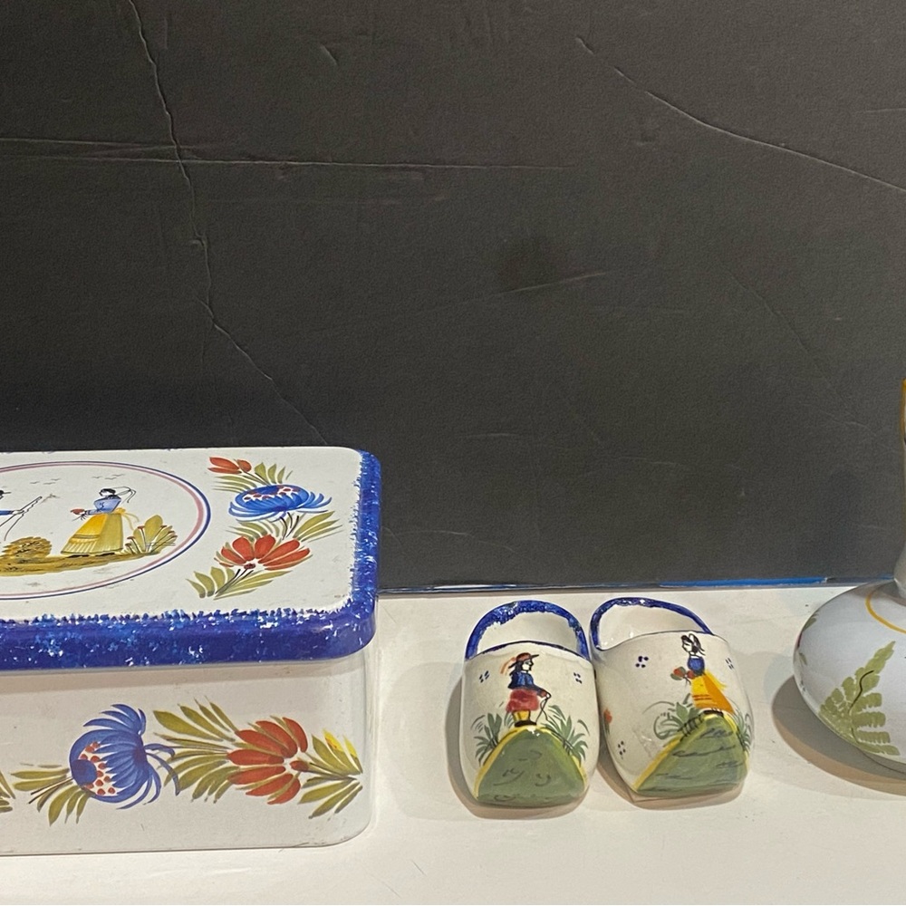 Lot of 3 Quimper items (Tin, sm jug, Dutch shoes)